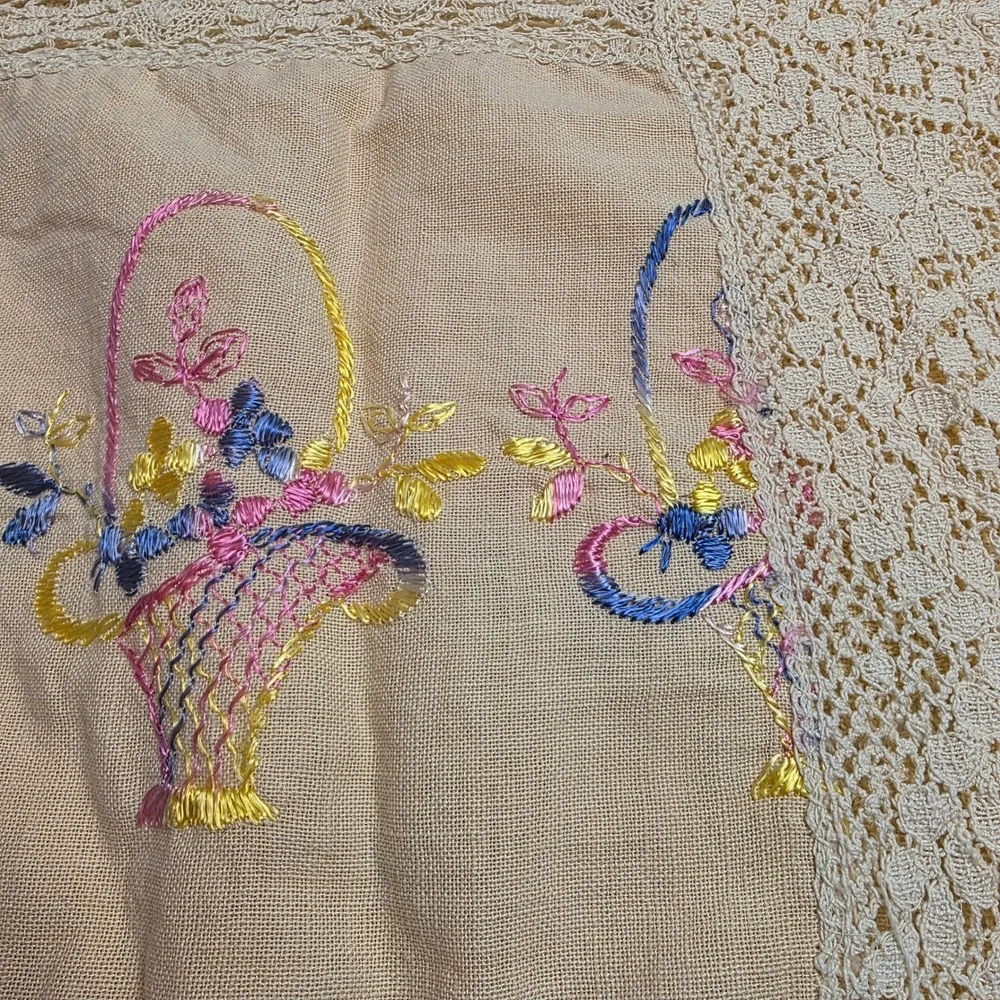 Vintage Hand Embroidered Linen Table Runner Crochet Lace Flower Colorful Baskets